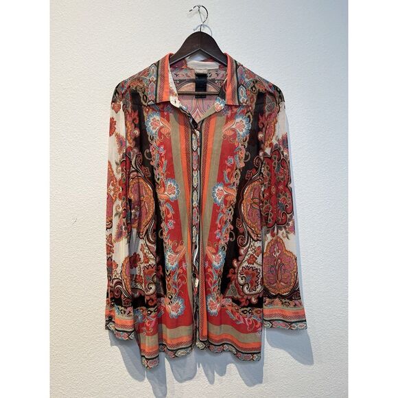 Chico's Travelers Paisley Printed Sheer Shirt Jacket,‎ Sz 3 (16/18) Boho Vacay - Picture 1 of 11